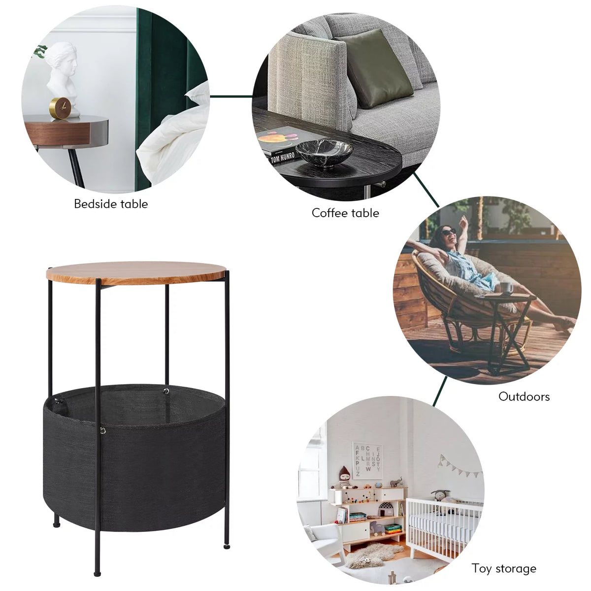 Round Wood Bedside Table with Storage Basket H327