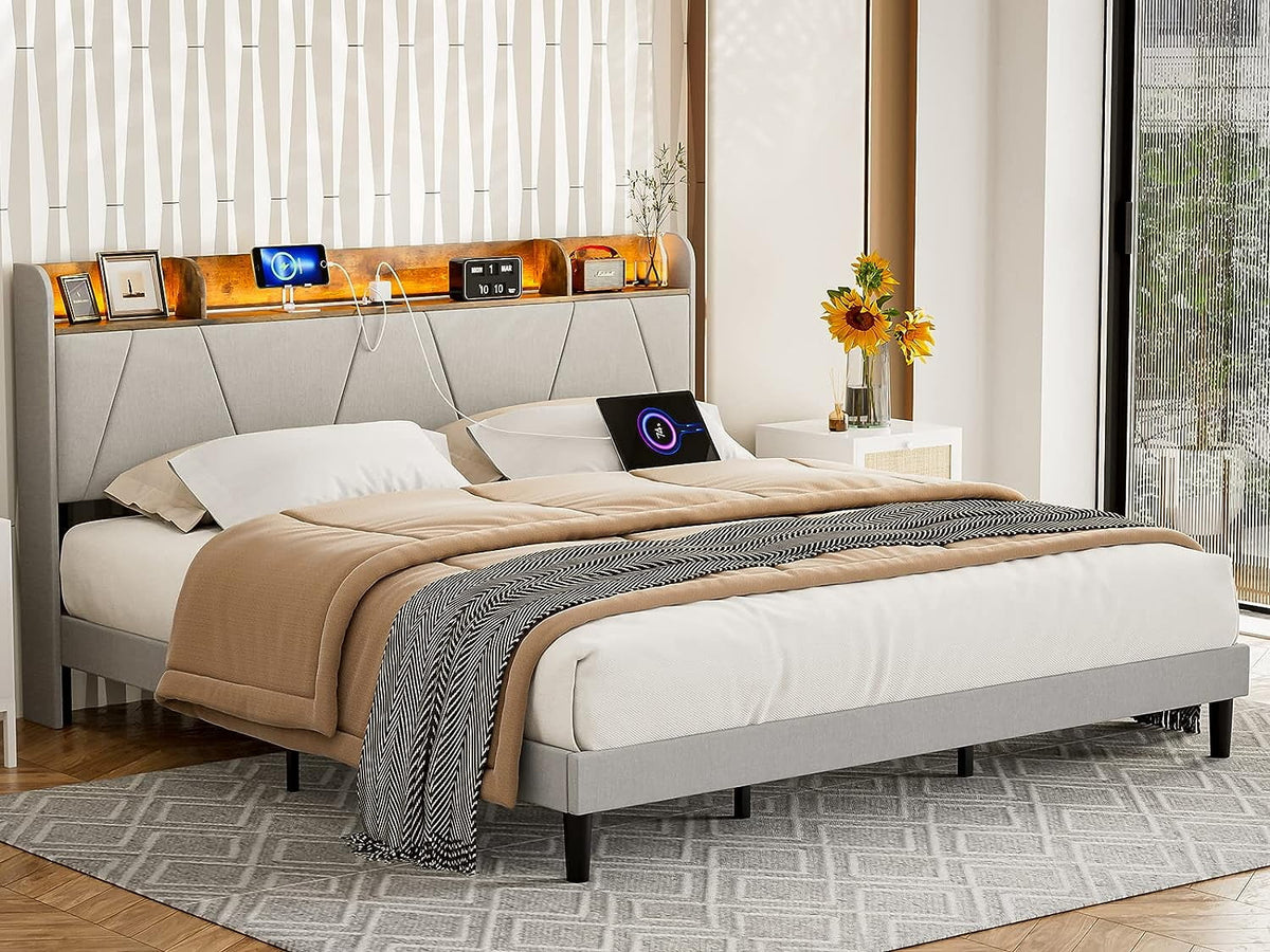 King Bed Frame with Storage Headboard & Charging Station, Upholstered LED Platform Bed Frame, Light Grey Q99357