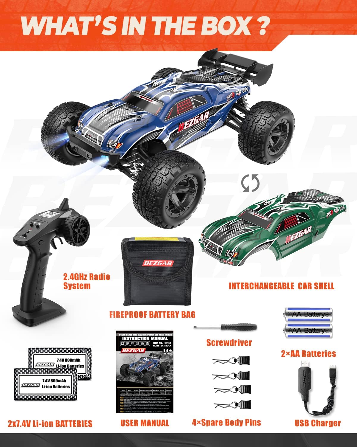 1:16 Scale 4WD Remote Control Monster Truck with 2 Rechargeable Batteries M74783