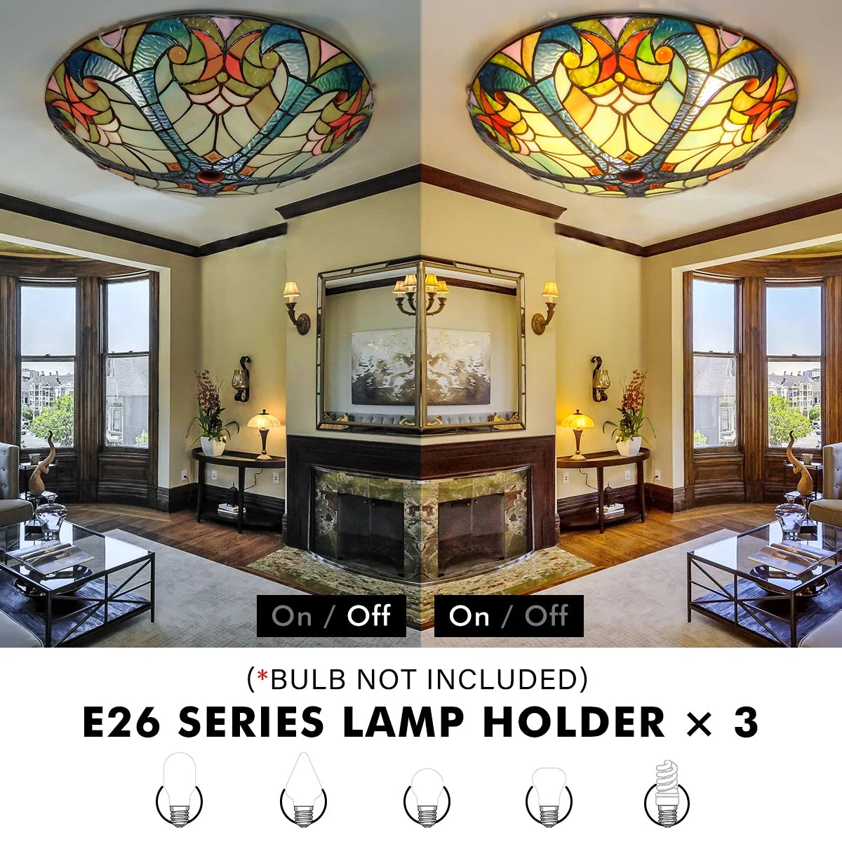 Flush Mount Ceiling Light LED Ceiling Lamp with Tiffany Glass Shade, 3 Light Pendant Light 16" V9134