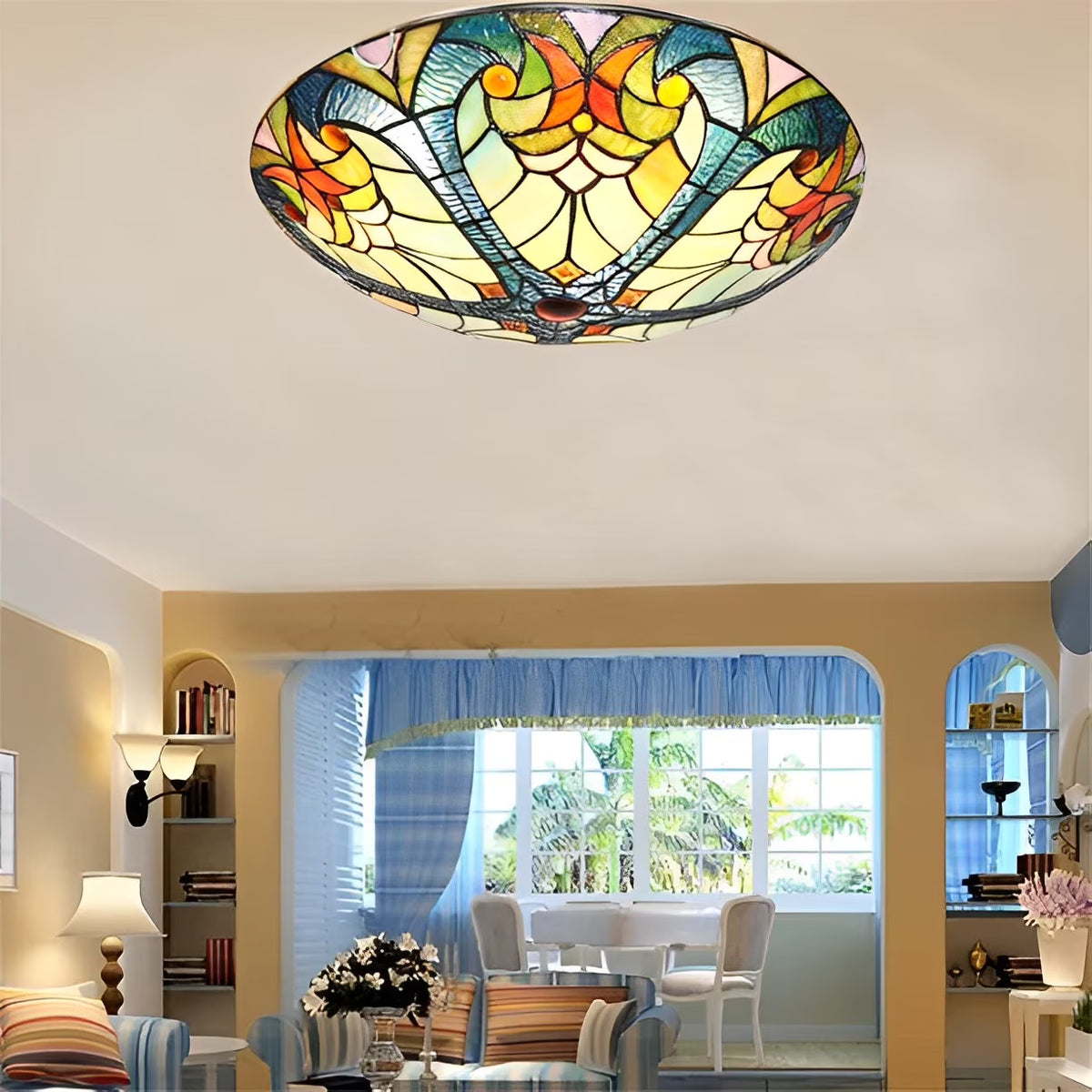 Flush Mount Ceiling Light LED Ceiling Lamp with Tiffany Glass Shade, 3 Light Pendant Light 16" V9134