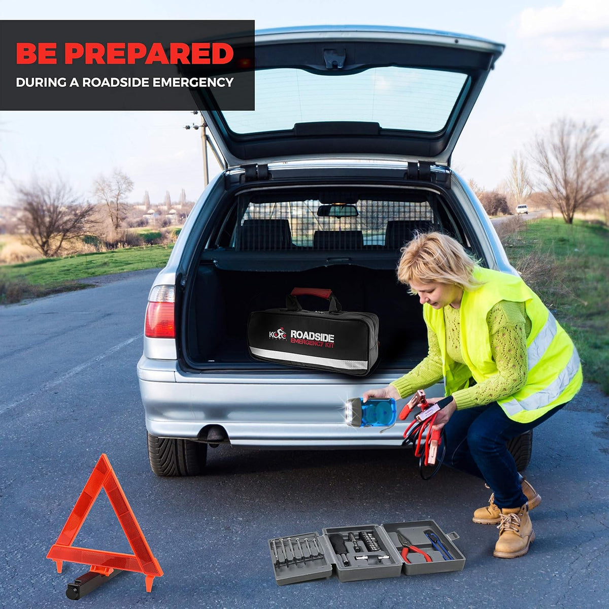 156-Piece Multipurpose Emergency Car Kit with Automotive Tools and First Aid Kit Q842