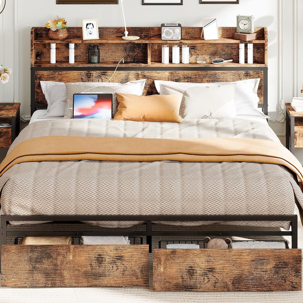 Full Size Metal Platform Bed Frame with Bookcase Headboard U529160