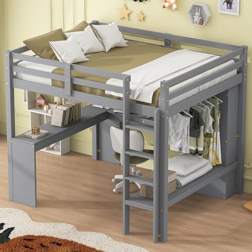 White Full Size Wood Loft Bed with Desk and Wardrobe B505189