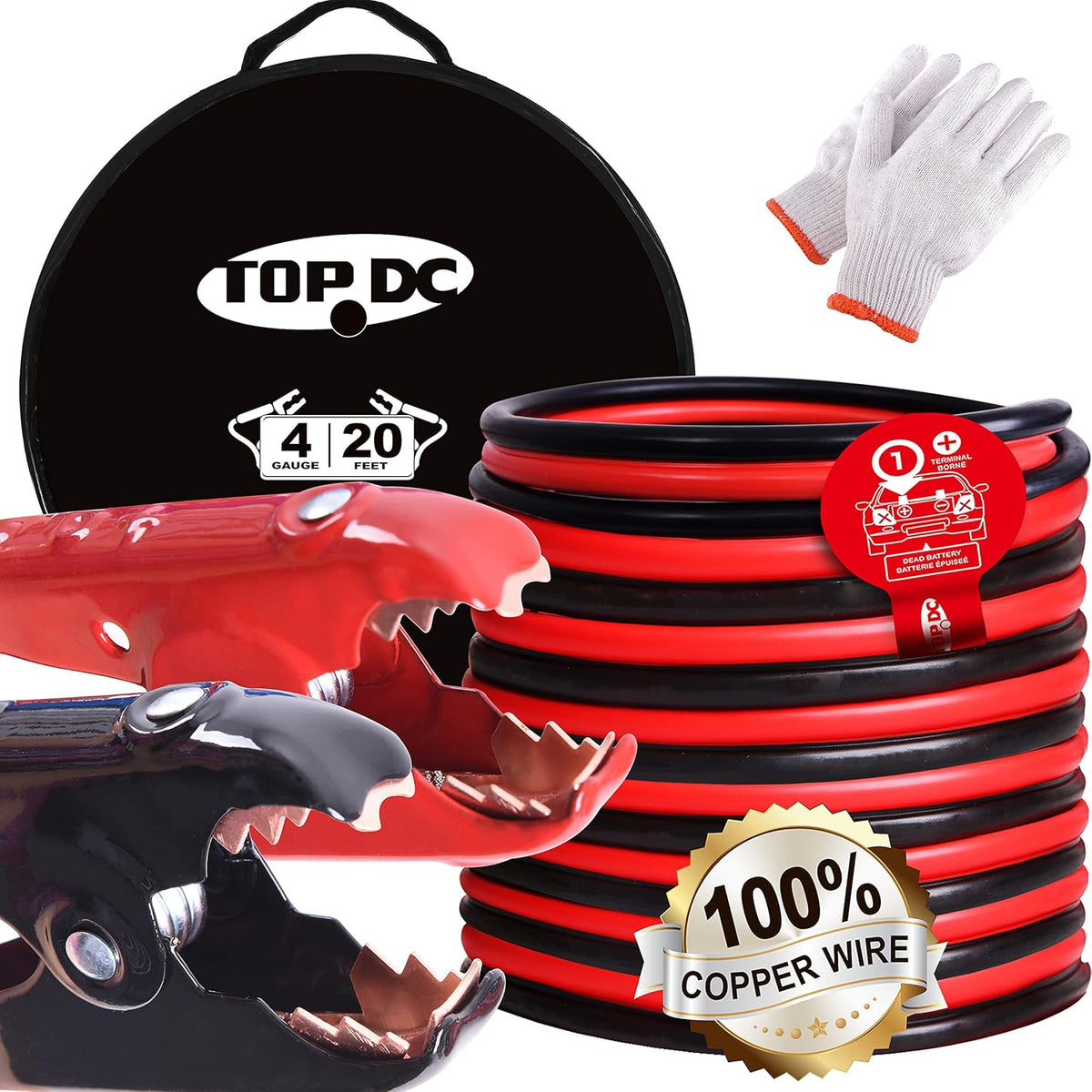 100% Copper Jumper Cables 4 Gauge 20 Feet Heavy Duty Booster Cables with Carry Bag and Safety Gloves Y922435