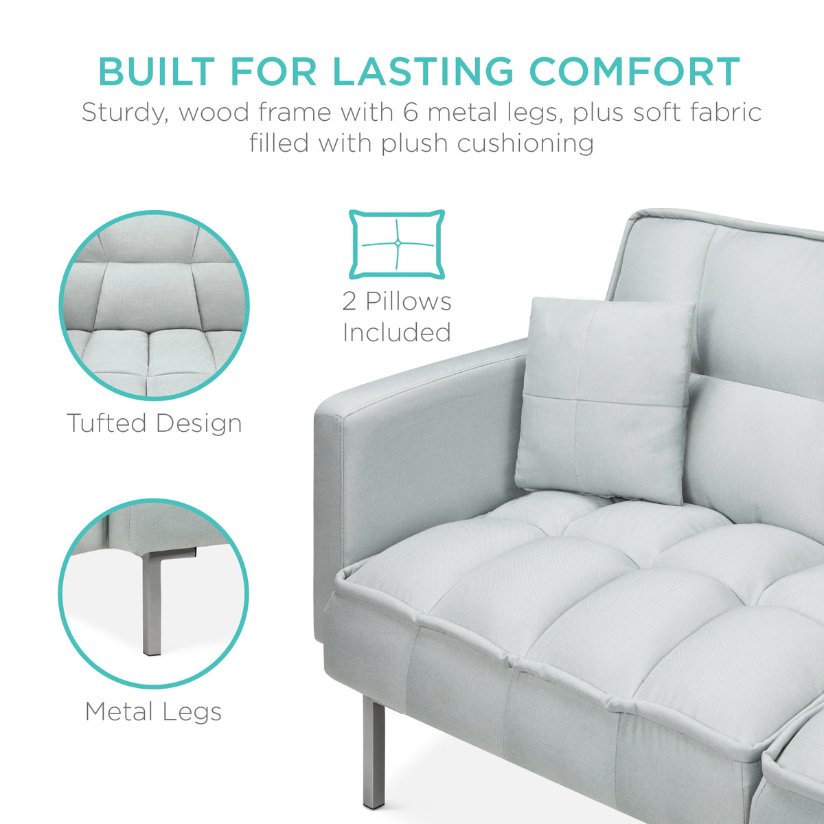 Light Gray Linen Fabric Tufted Split-Back Futon Sofa with 2 Pillows V6840