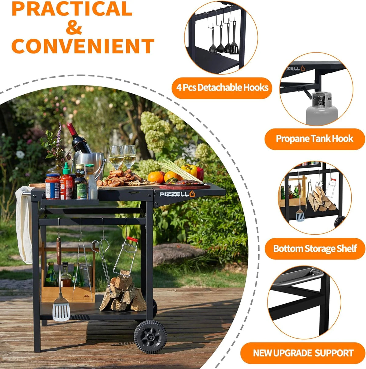 Black Outdoor Pizza Oven Cart with Storage Wheels T94920