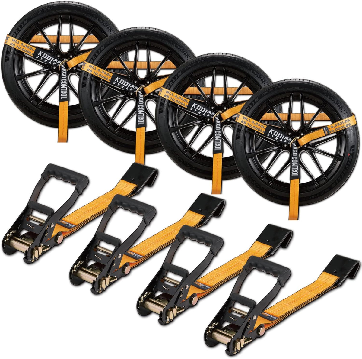 4 Pack Ratchet Car Tie Down Strap with Flat Hooks 2" x 144'' Heavy Duty 10,000lbs Min Break Strength Tire Straps J6746