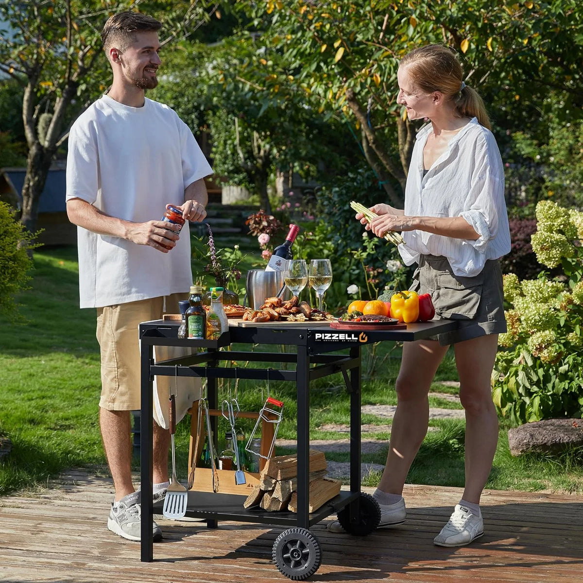 Black Outdoor Pizza Oven Cart with Storage Wheels T94920