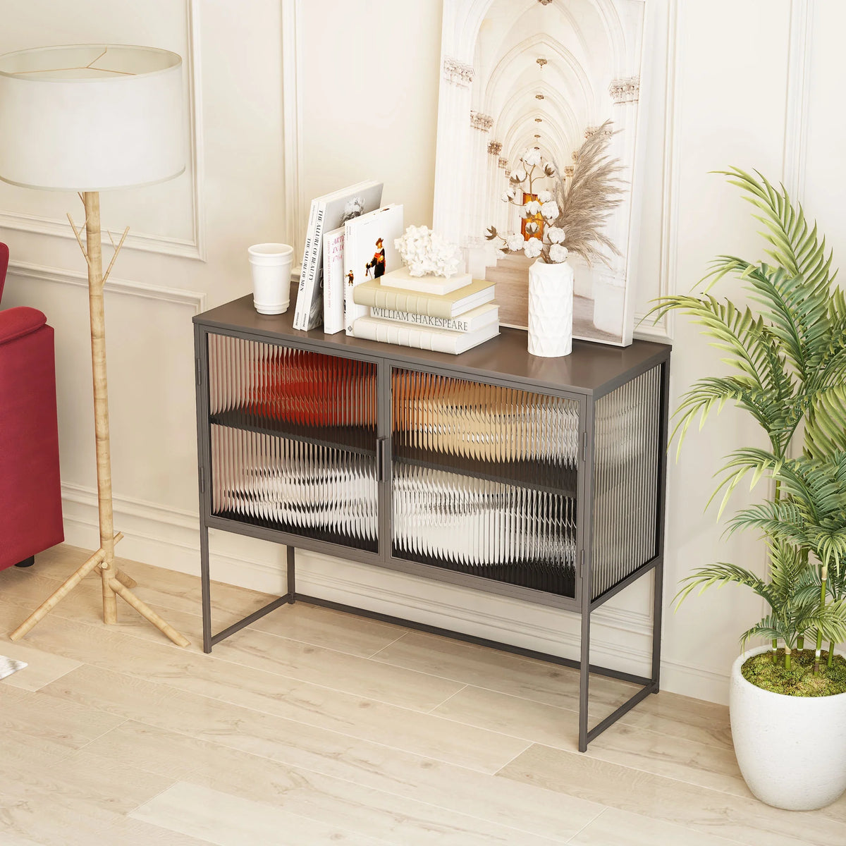 Gray Fluted Glass Sideboard Storage Cabinet Console Table X183