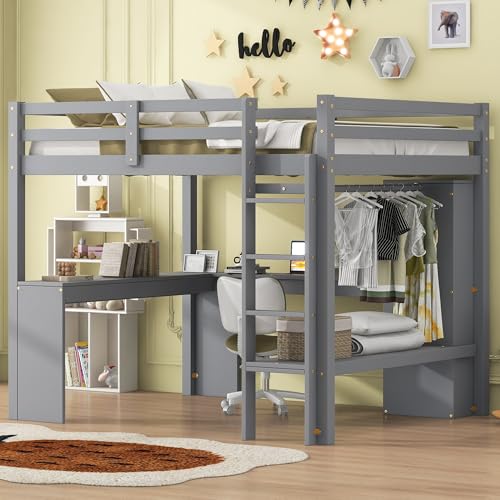 White Full Size Wood Loft Bed with Desk and Wardrobe B505189
