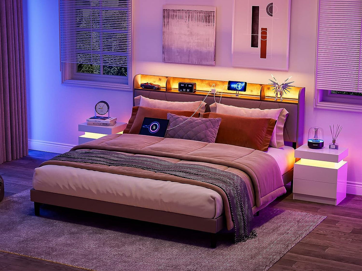 King Bed Frame with Storage Headboard & Charging Station, Upholstered LED Platform Bed Frame, Light Grey Q99357