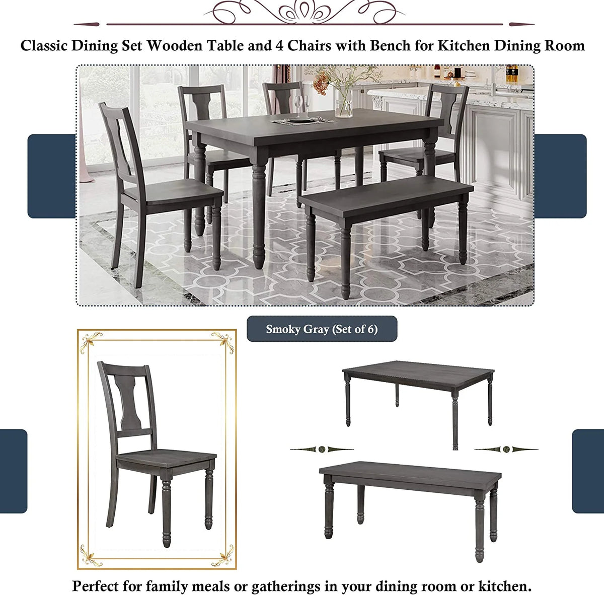 6 Piece Wooden Dining Table Set with 4 Chairs and Bench R12685
