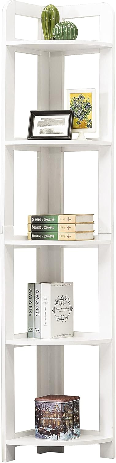 5-Tier White Wood Corner Bookshelf O322