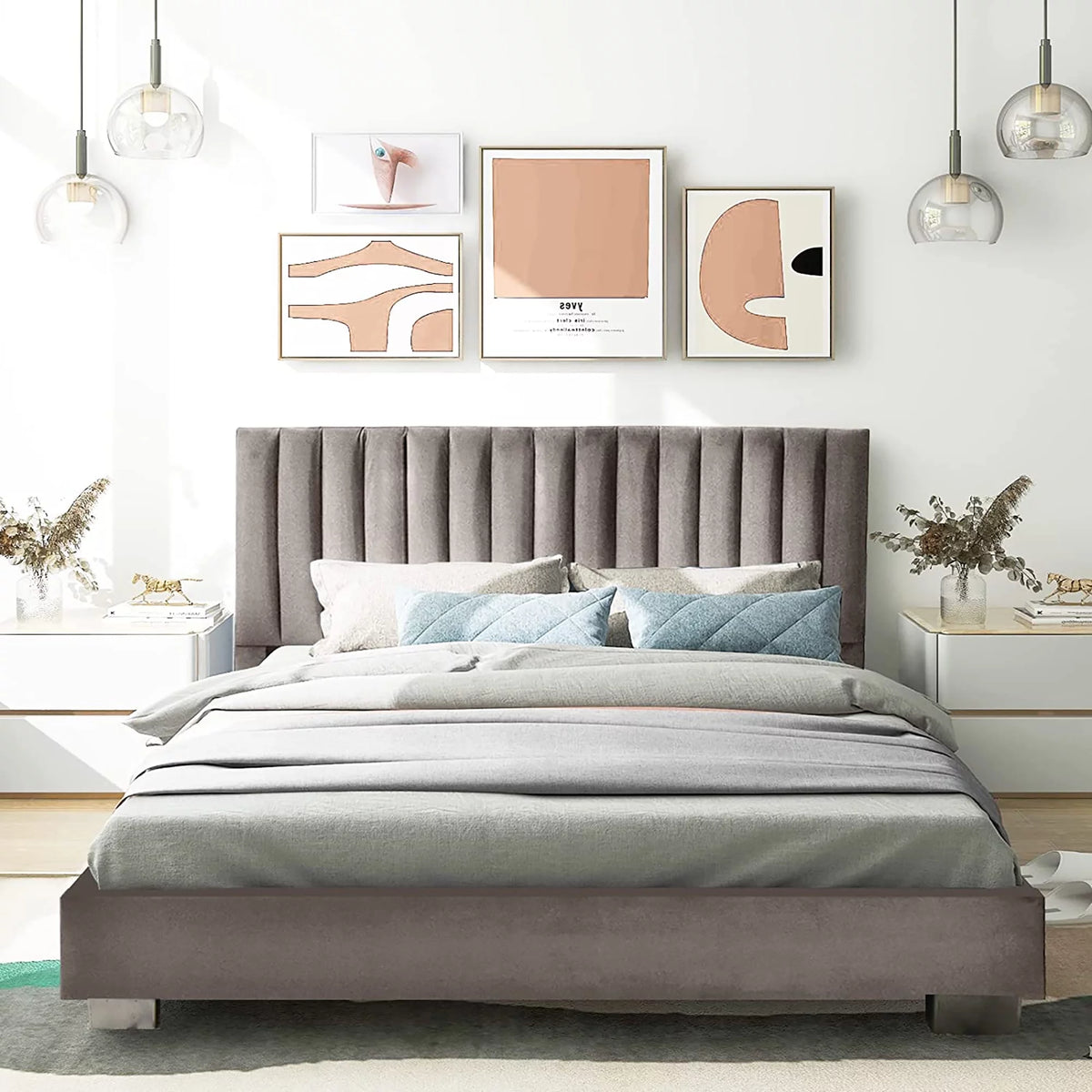 Navy Upholstered Full Size Platform Bed Frame Y138529