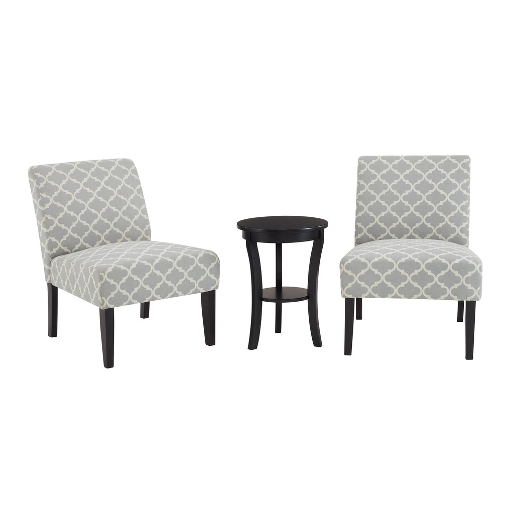 3pc Gray Fabric Upholstered Side Table and 2 Chairs E372
