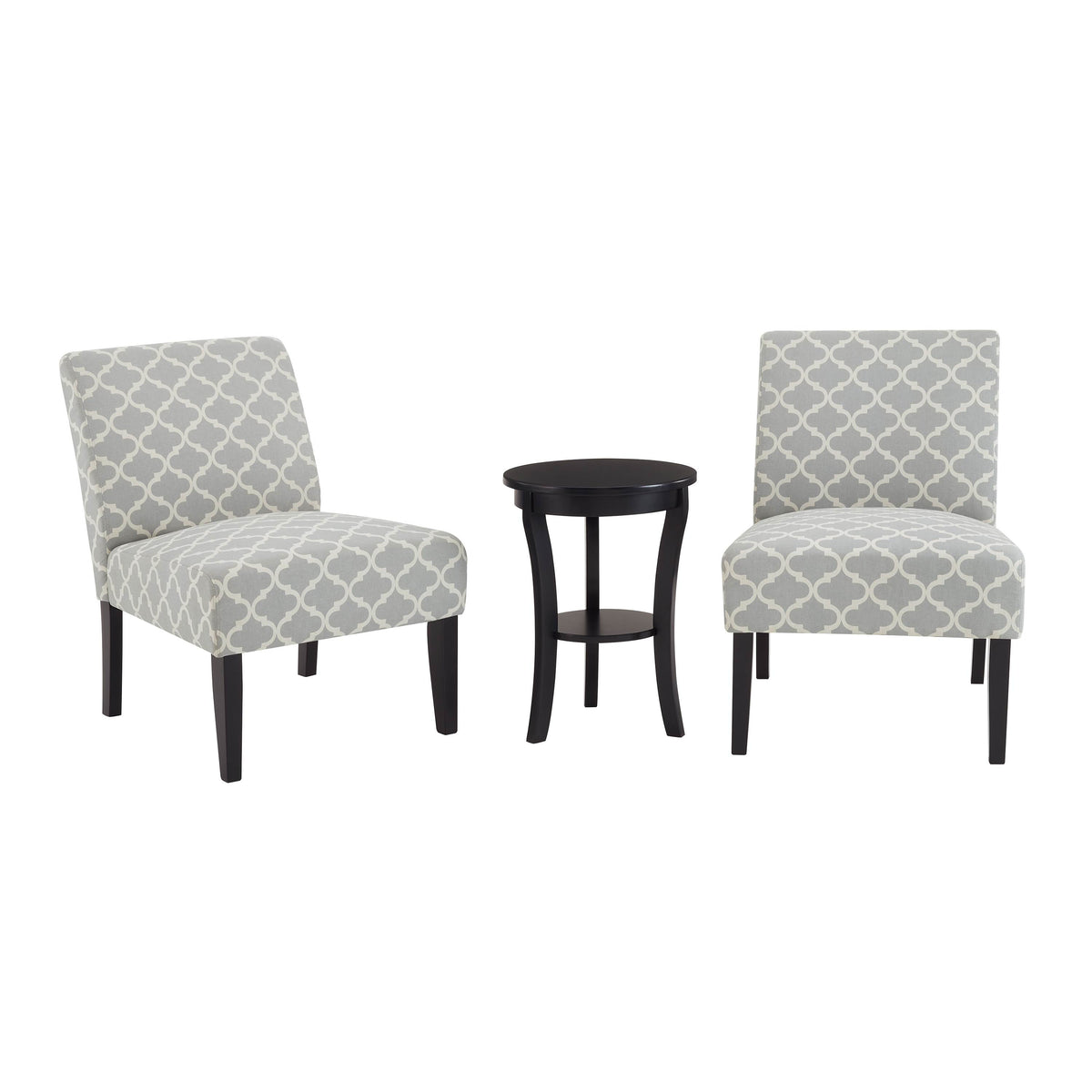 3pc Gray Fabric Upholstered Side Table and 2 Chairs E372