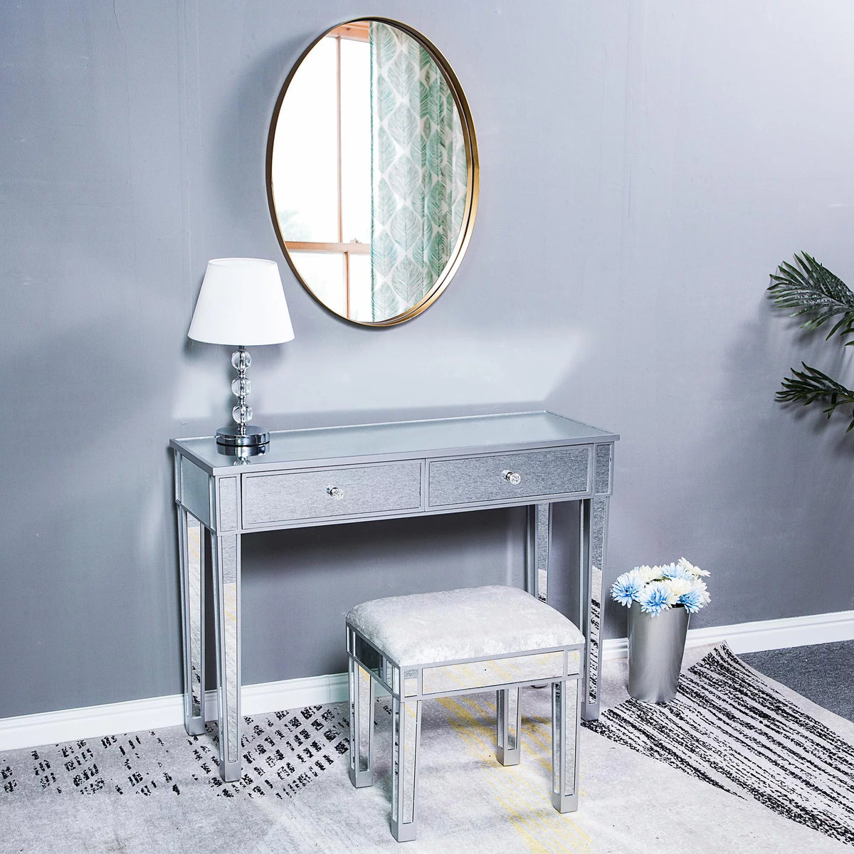 Mirrored Vanity Stool Makeup Bench Cushioned Chair W29318