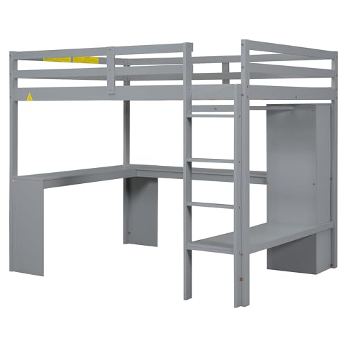 White Full Size Wood Loft Bed with Desk and Wardrobe B505189