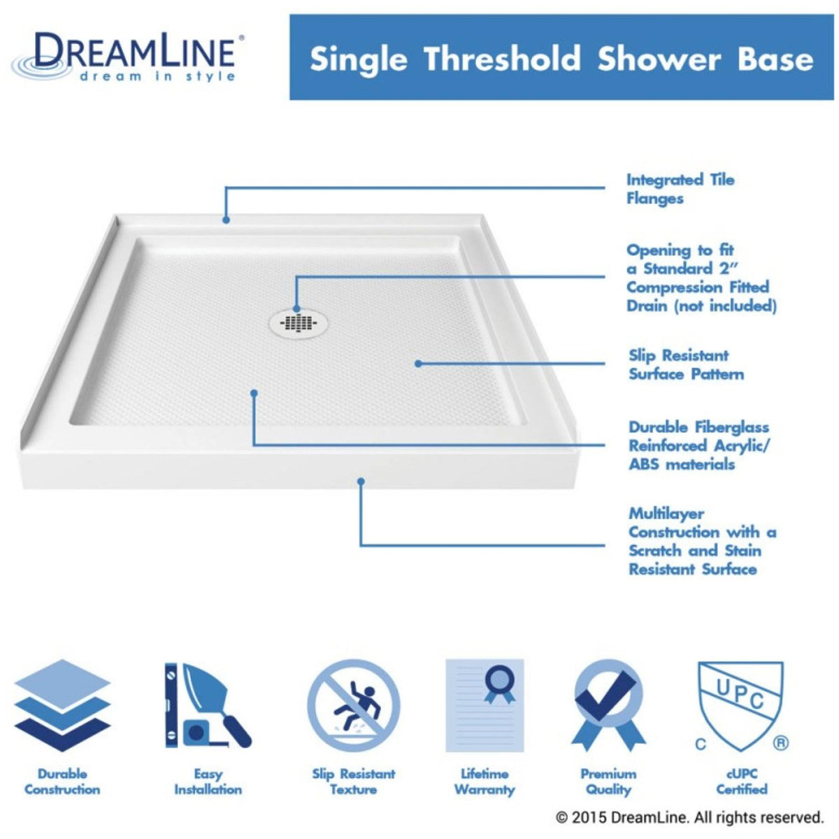 Slimline 32 x 48 inch Single Threshold Shower Base, Center Drain Y142