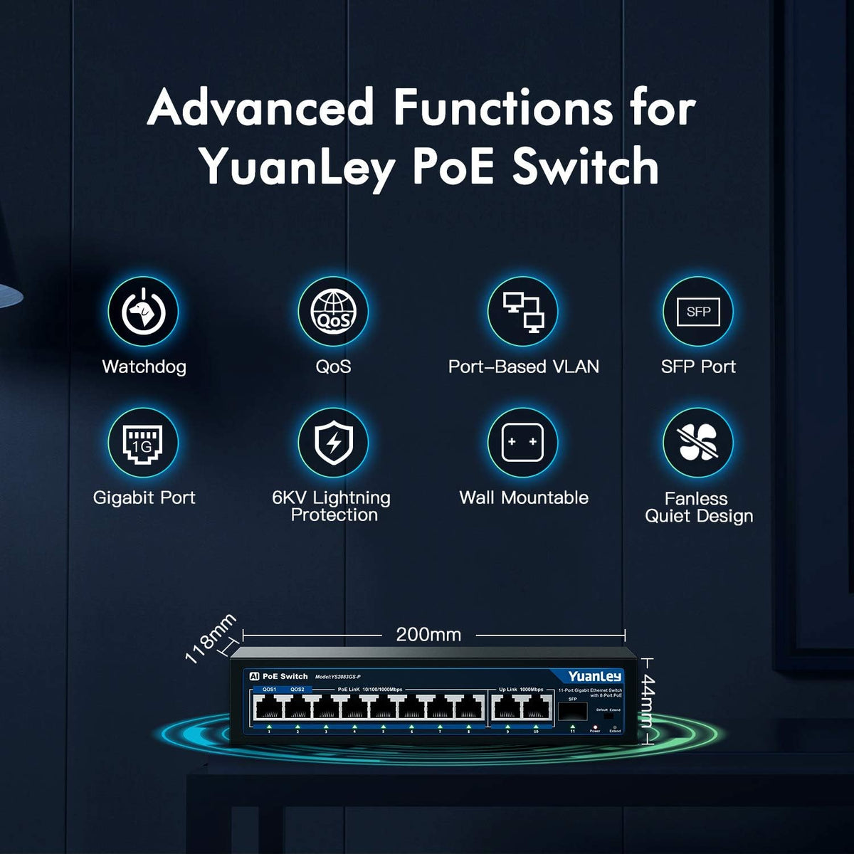 11 Port Gigabit PoE Switch, 8 PoE+ Port 1000Mbps, 2 Gigabit Uplink, 1 SFP Port, 120W, Metal, Unmanaged, Pack of 2 L264