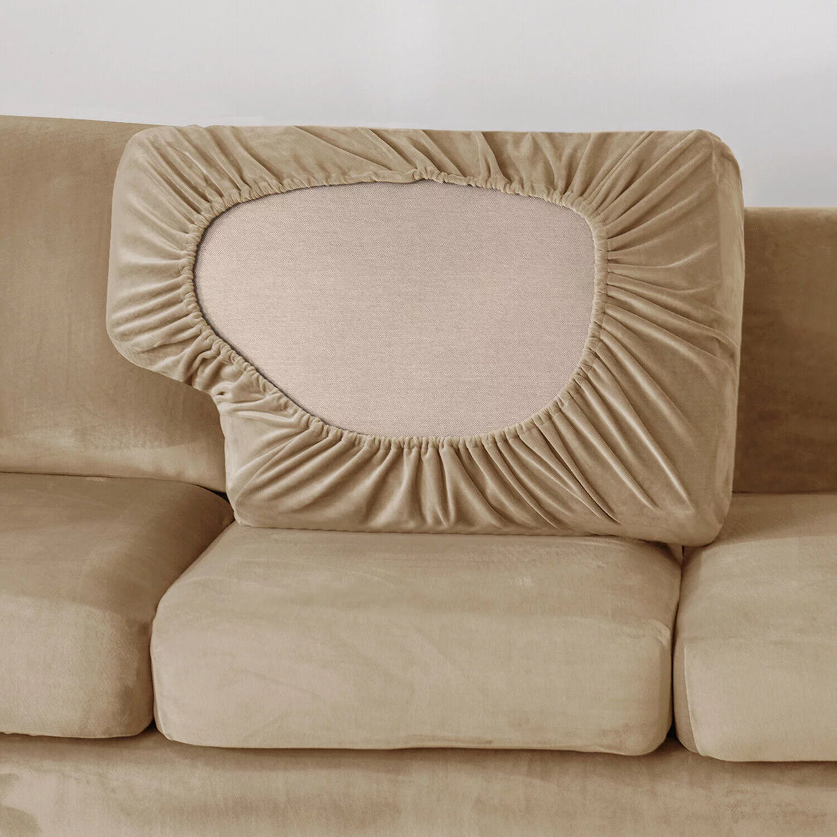 Khaki Velvet 5 Piece Stretch Sofa Cover Q657038