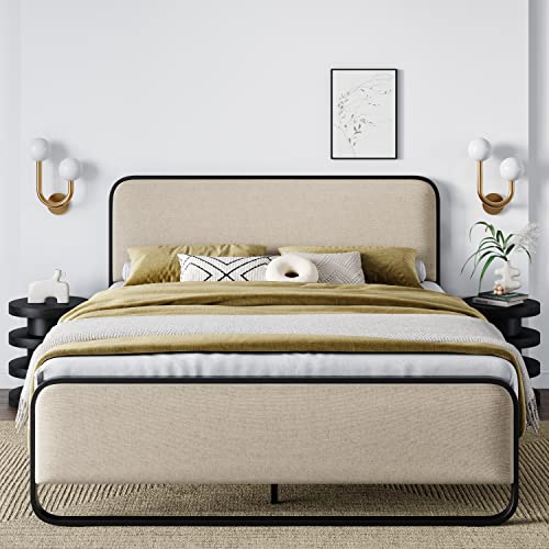 Queen Size Metal Platform Bed Frame with Upholstered Headboard and Footboard B11390