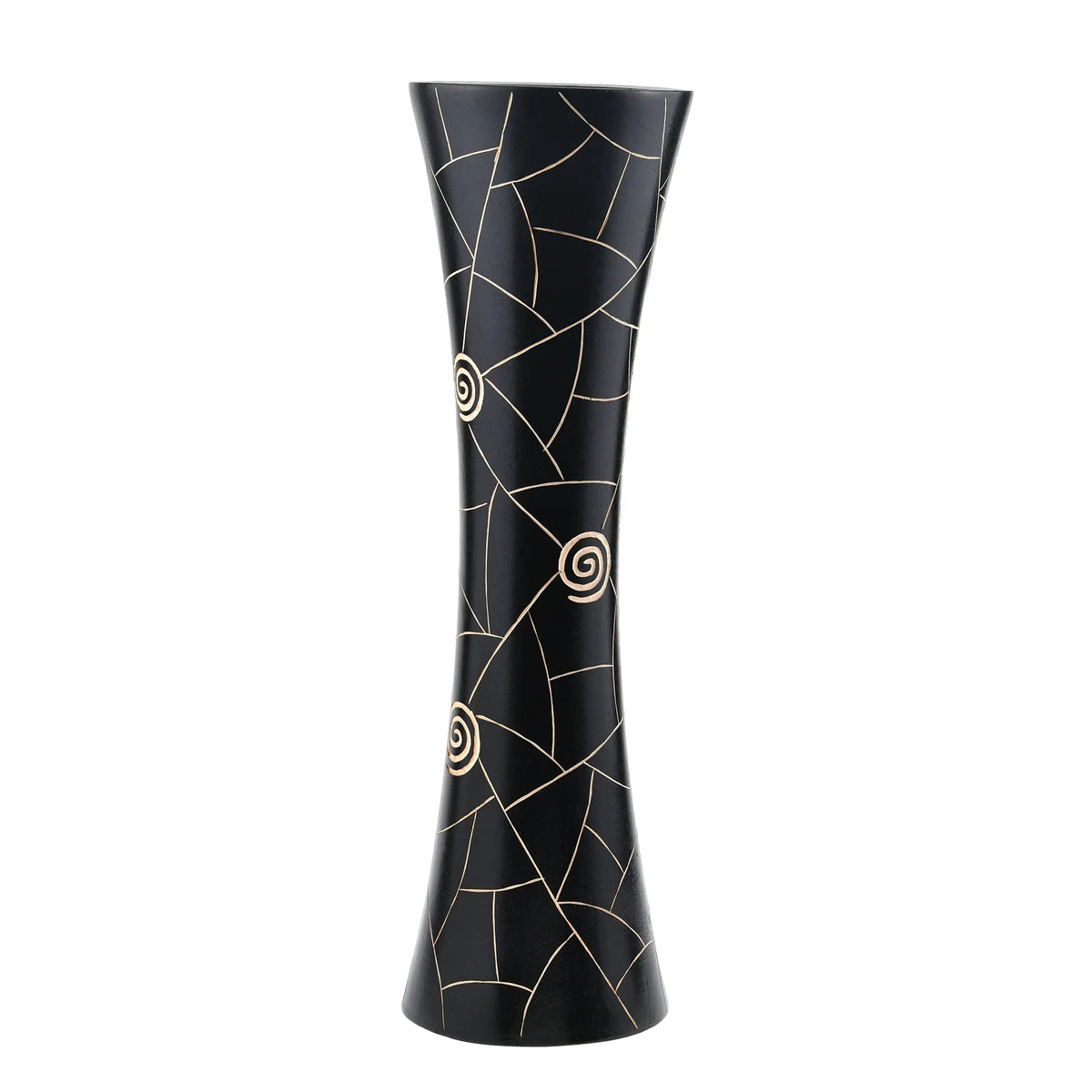Black Golden Geometric Etch Natural Mango Tree Wood Concaving Vase Z3804