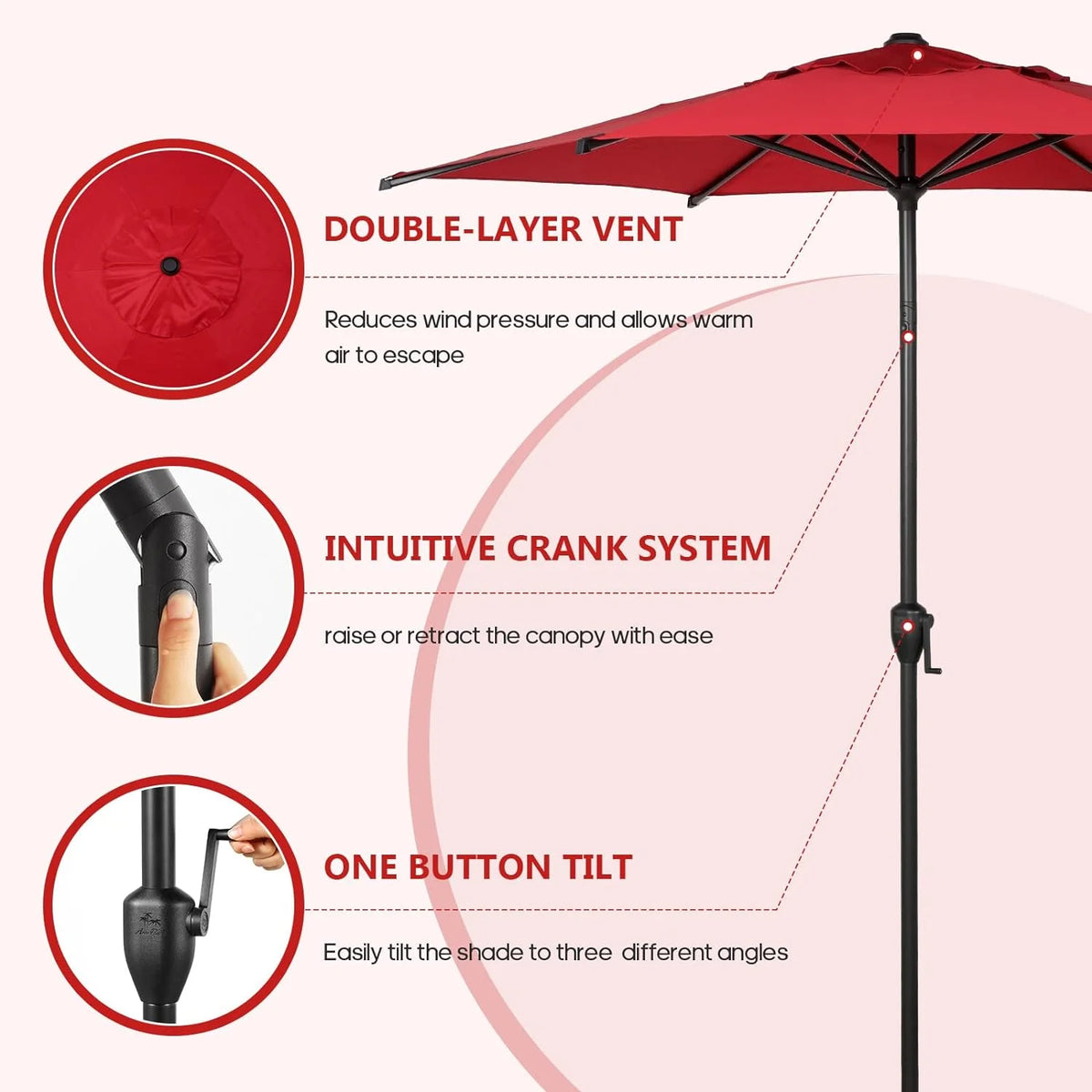 Red 7.5ft Outdoor Market Patio Umbrella with Push Button Tilt and Crank B5734