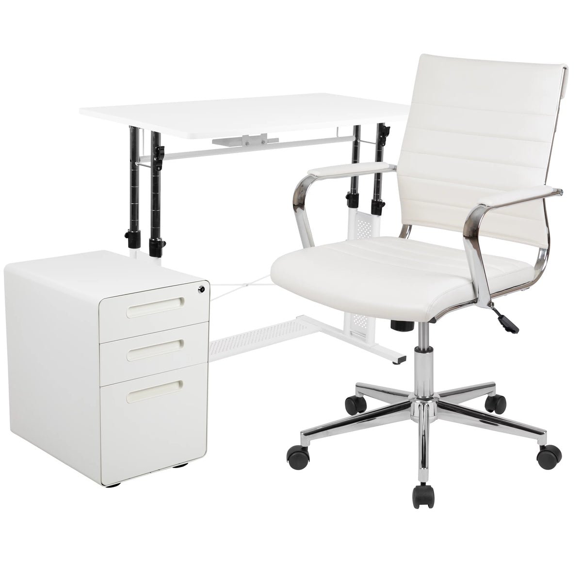 White Adjustable Computer Desk, Office Chair and Locking Mobile Filing Cabinet L161941