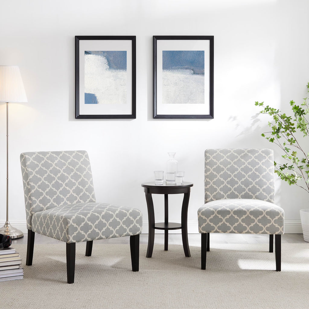 3pc Gray Fabric Upholstered Side Table and 2 Chairs E372