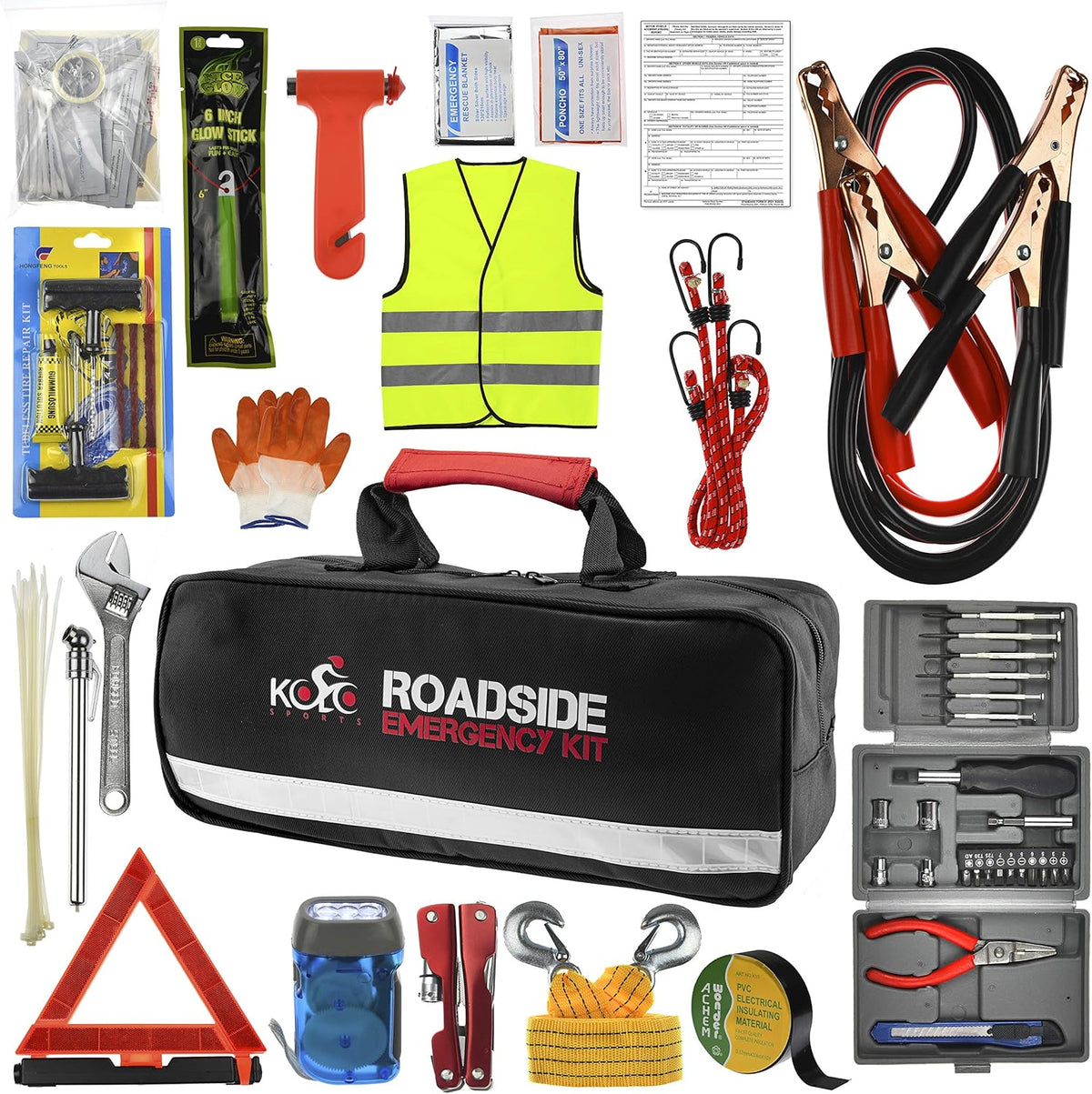 156-Piece Multipurpose Emergency Car Kit with Automotive Tools and First Aid Kit Q842