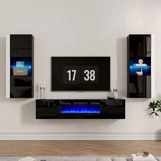 Black/White Floating Fireplace TV Stand with 2 Wall Cabinets D447