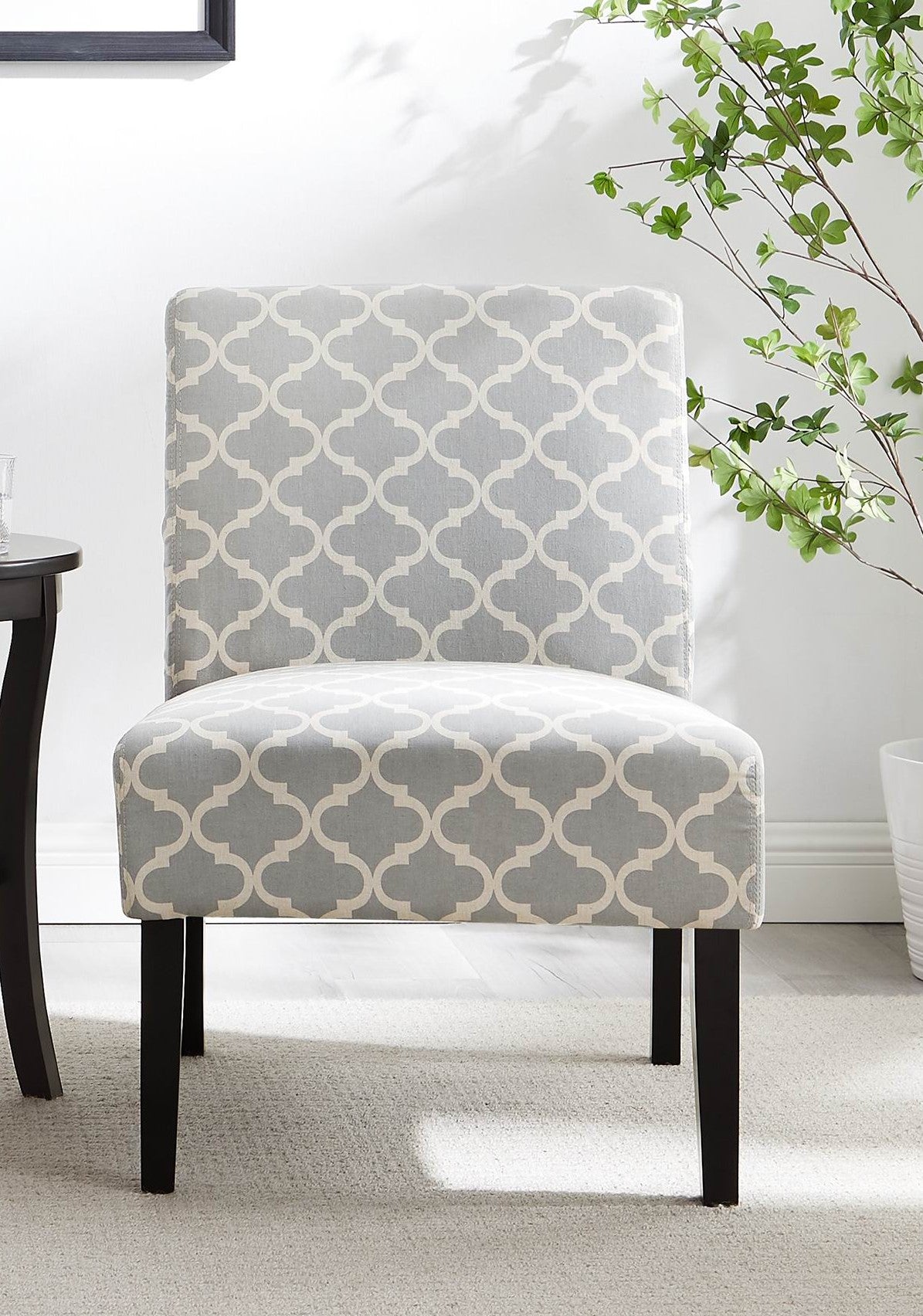 3pc Gray Fabric Upholstered Side Table and 2 Chairs E372