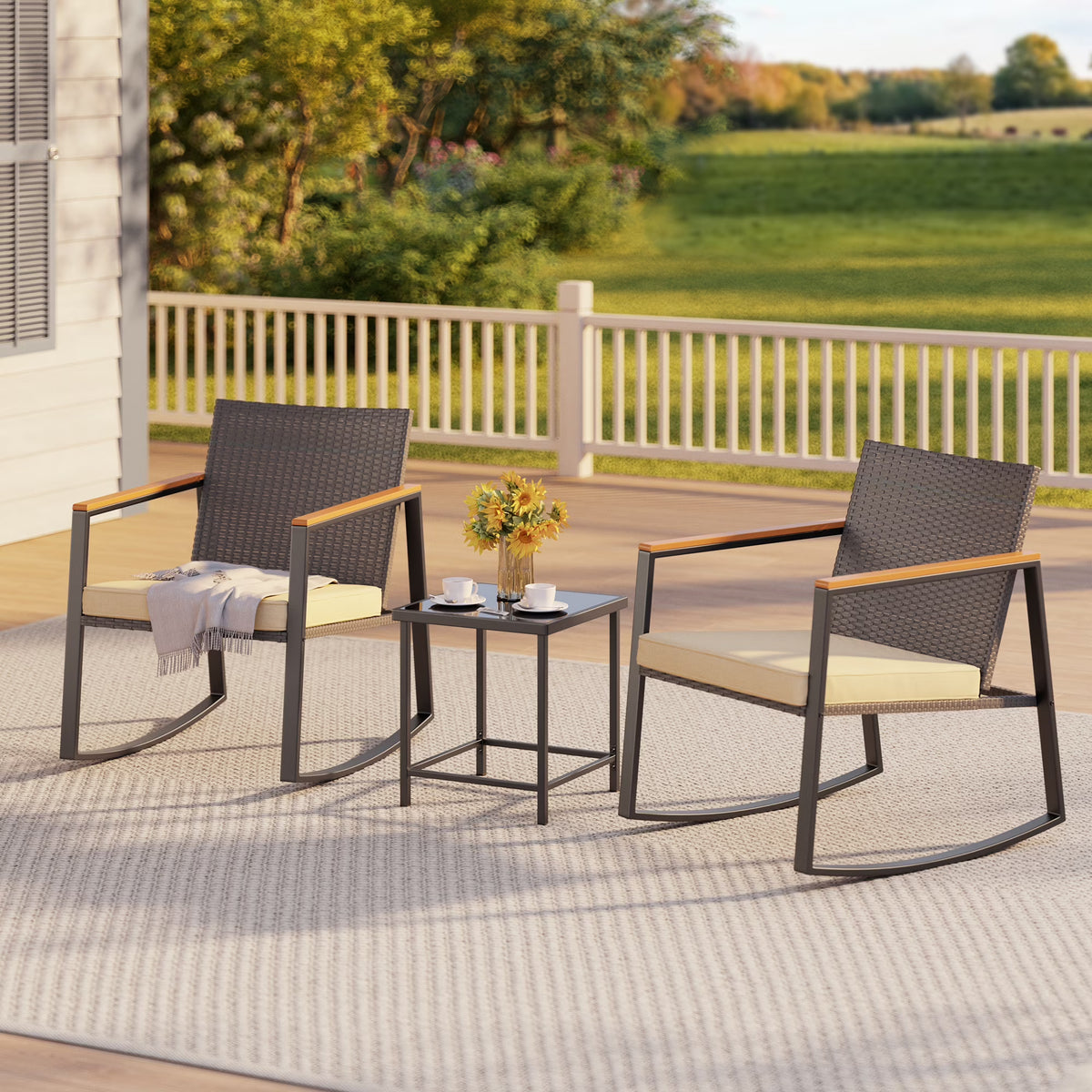 Beige Rattan Wicker Patio Rocking Chair Set with Coffee Table U70104