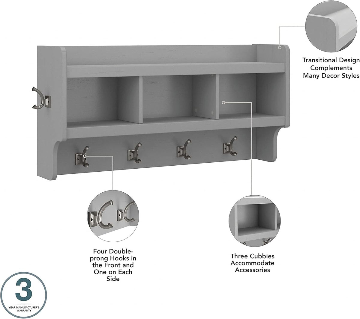 40W Cape Cod Gray Wall Mounted Coat Rack with Shelf L263
