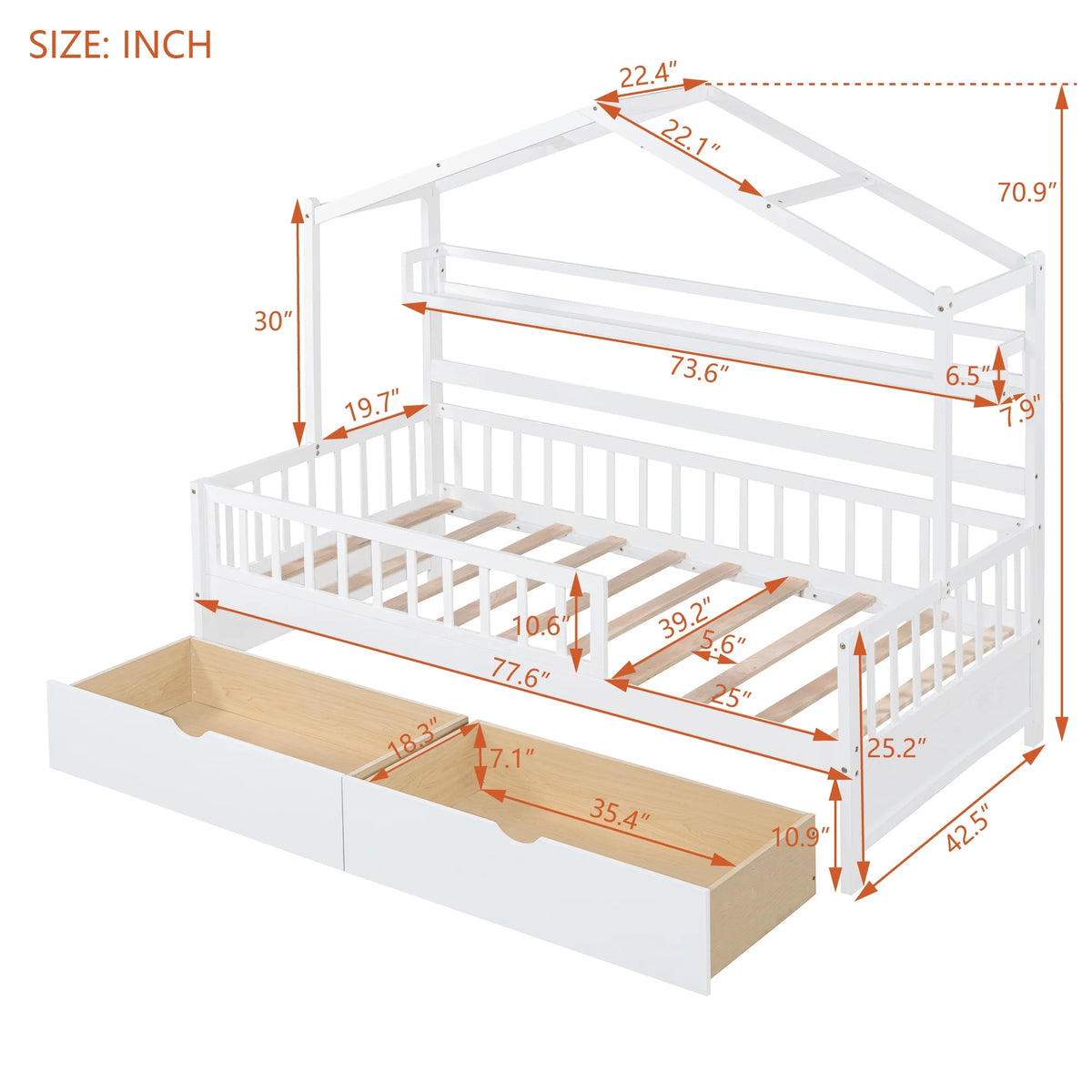 White Twin Size Wood House Bed with Storage Drawers L955031
