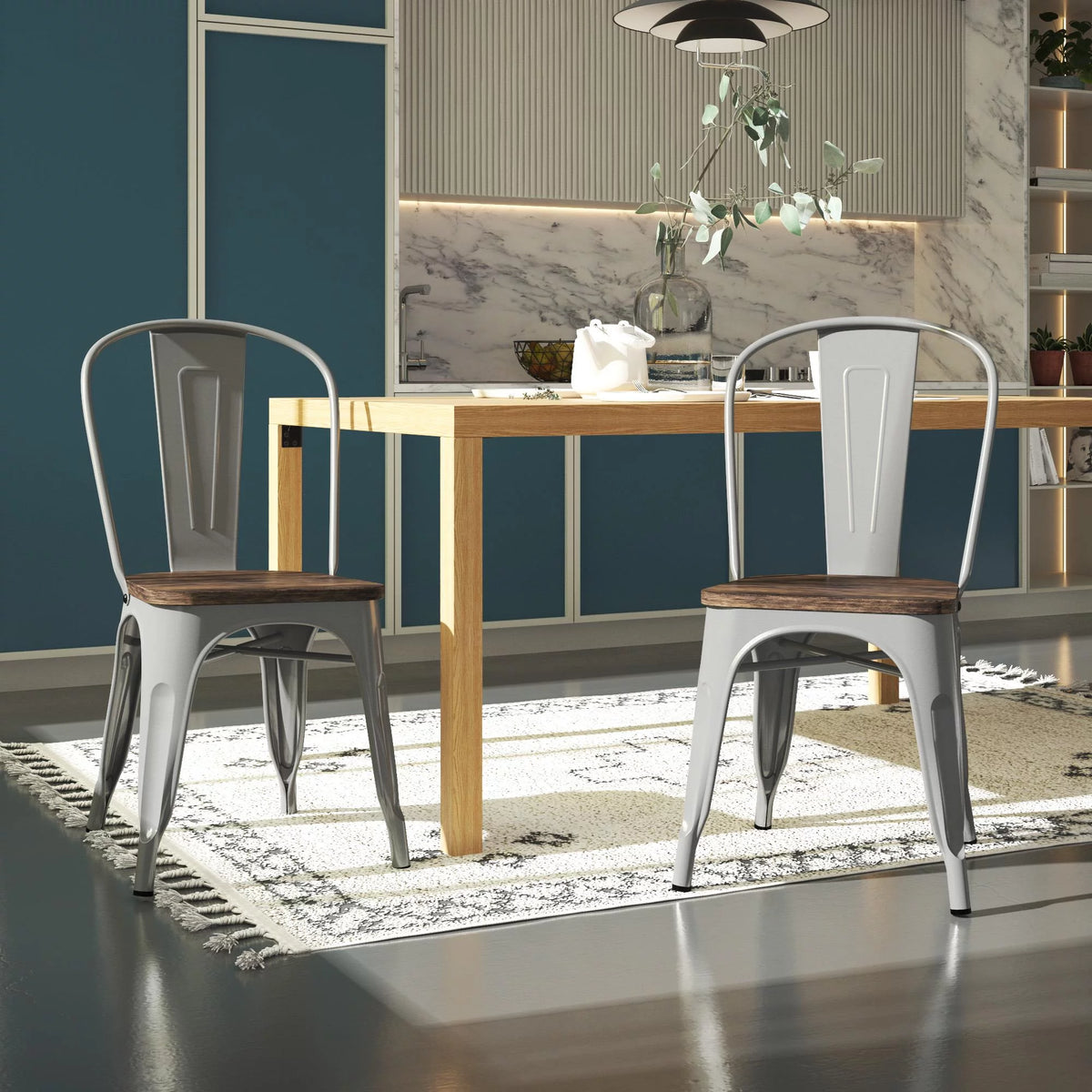 Stackable Metal Dining Chair with Wood Seat, Silver, Set of 2 P9460