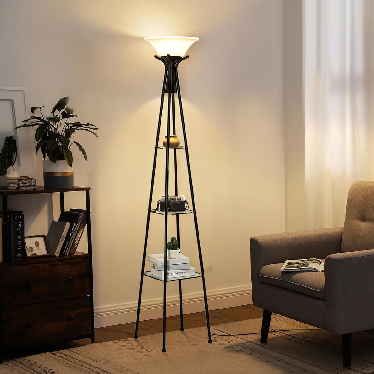 Black 69" Tall 3-Tier Glass Shelf Floor Lamp with 8W Bulb Q382