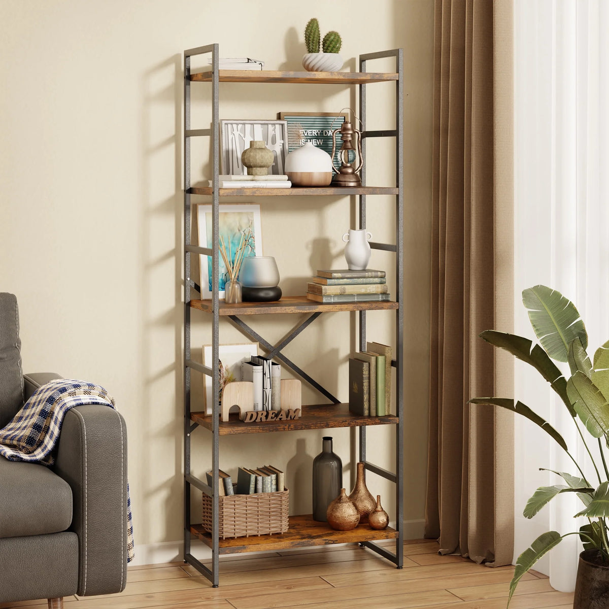 5 Tiers Tall Brown Bookshelf C54216