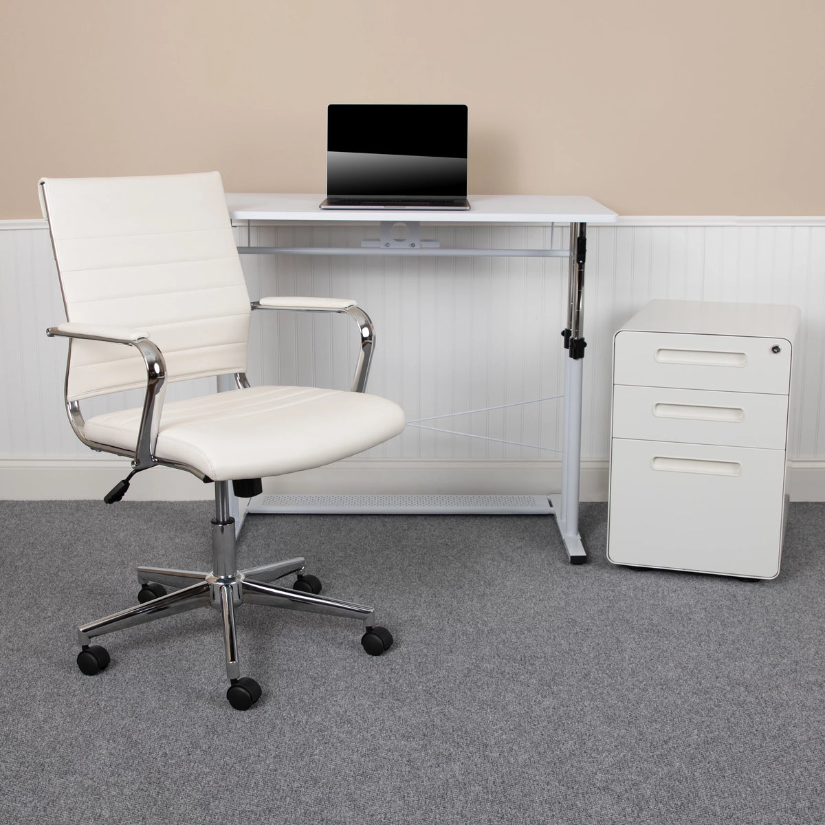 White Adjustable Computer Desk, Office Chair and Locking Mobile Filing Cabinet L161941