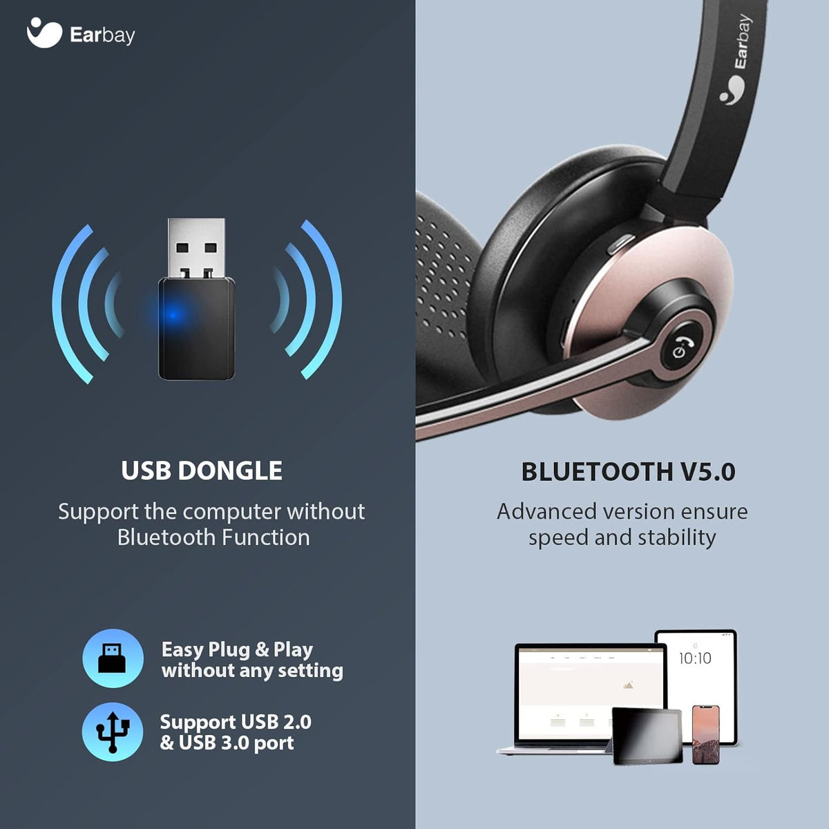 Wireless Bluetooth Headset with Microphone Noise Cancelling, On-Ear, USB Dongle, 28hrs Talk Time W18803