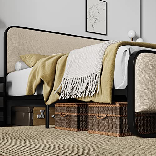 Queen Size Metal Platform Bed Frame with Upholstered Headboard and Footboard B11390