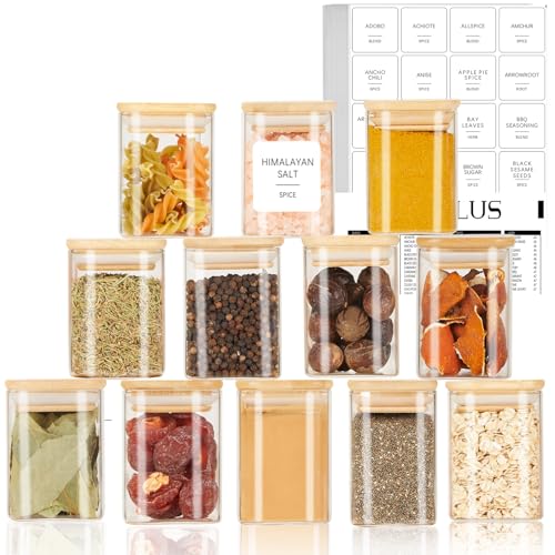 12 Pcs Glass Spice Jars with Bamboo Airtight Lids, 6 oz Spice Containers N23324