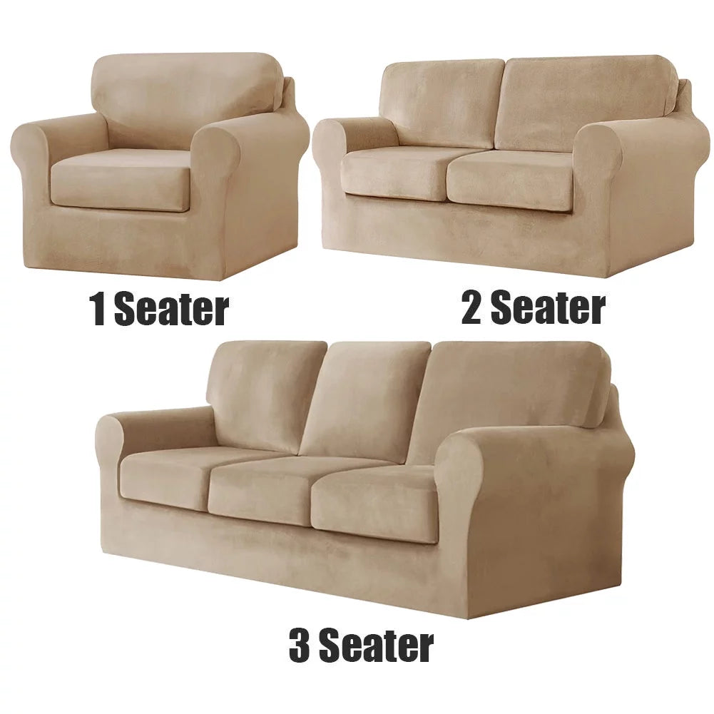 Khaki Velvet 5 Piece Stretch Sofa Cover Q657038