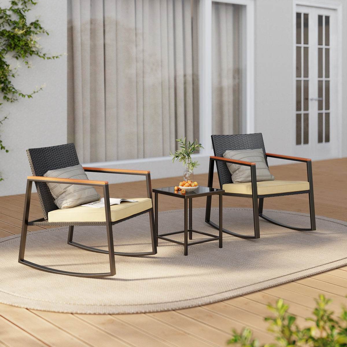 Beige Rattan Wicker Patio Rocking Chair Set with Coffee Table U70104