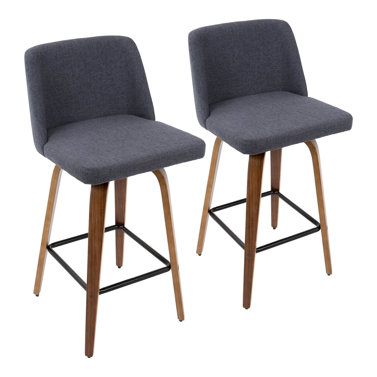 Counter Stool in Walnut and Blue Fabric, Set of 2 N9154