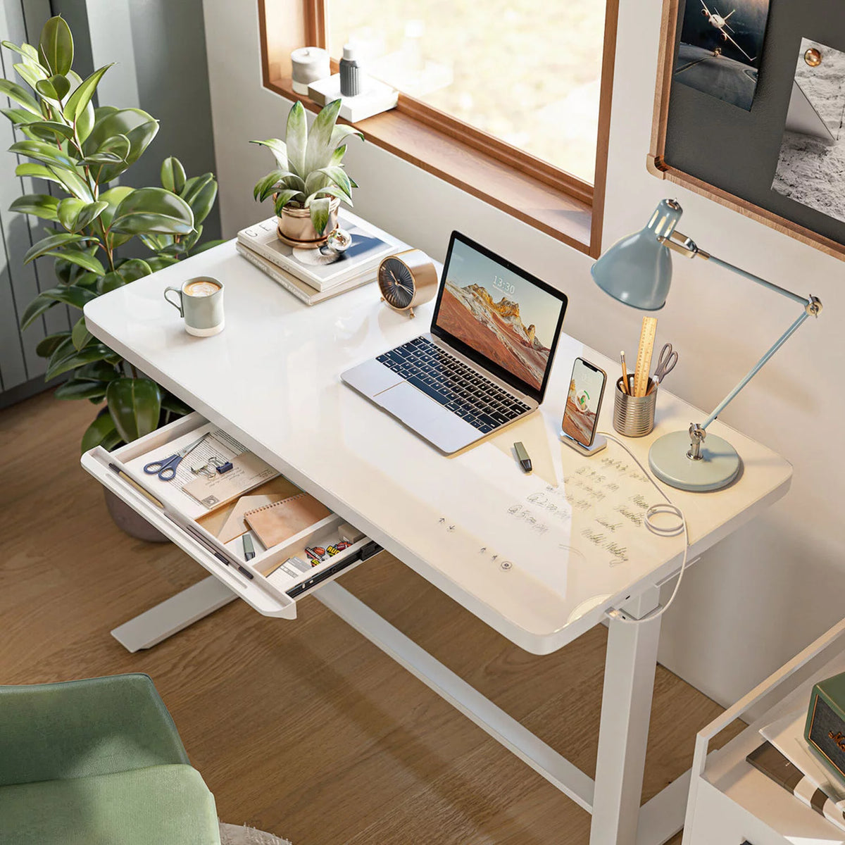 White Glass Tabletop Standing Desk V33496