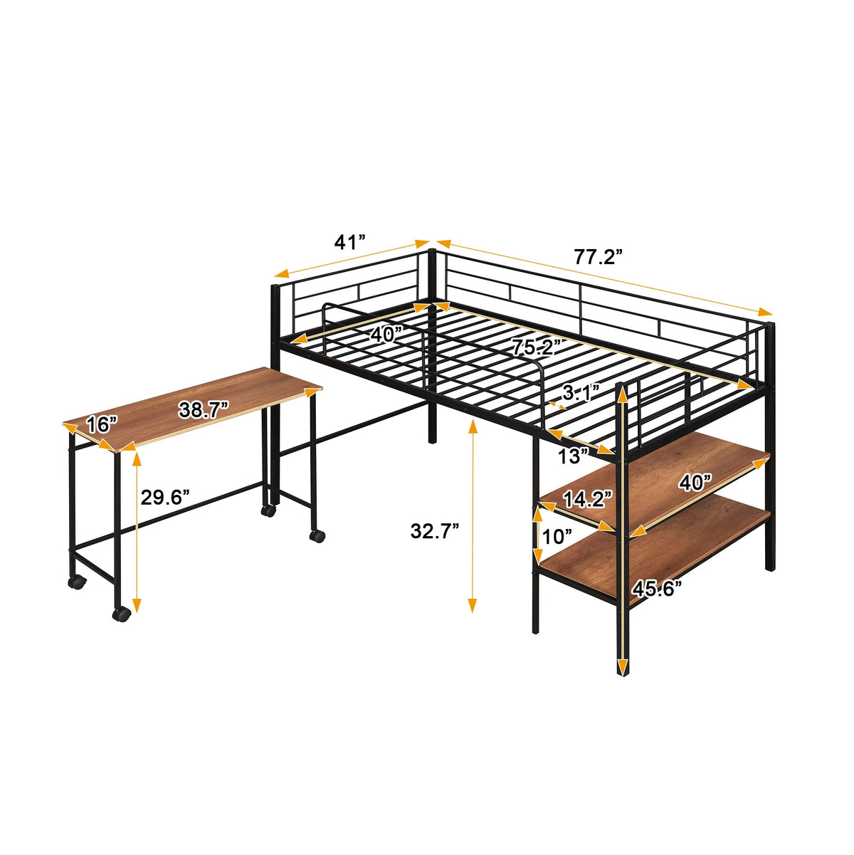 Black Double Size Metal Loft Bed with Desk and Shelves L287334