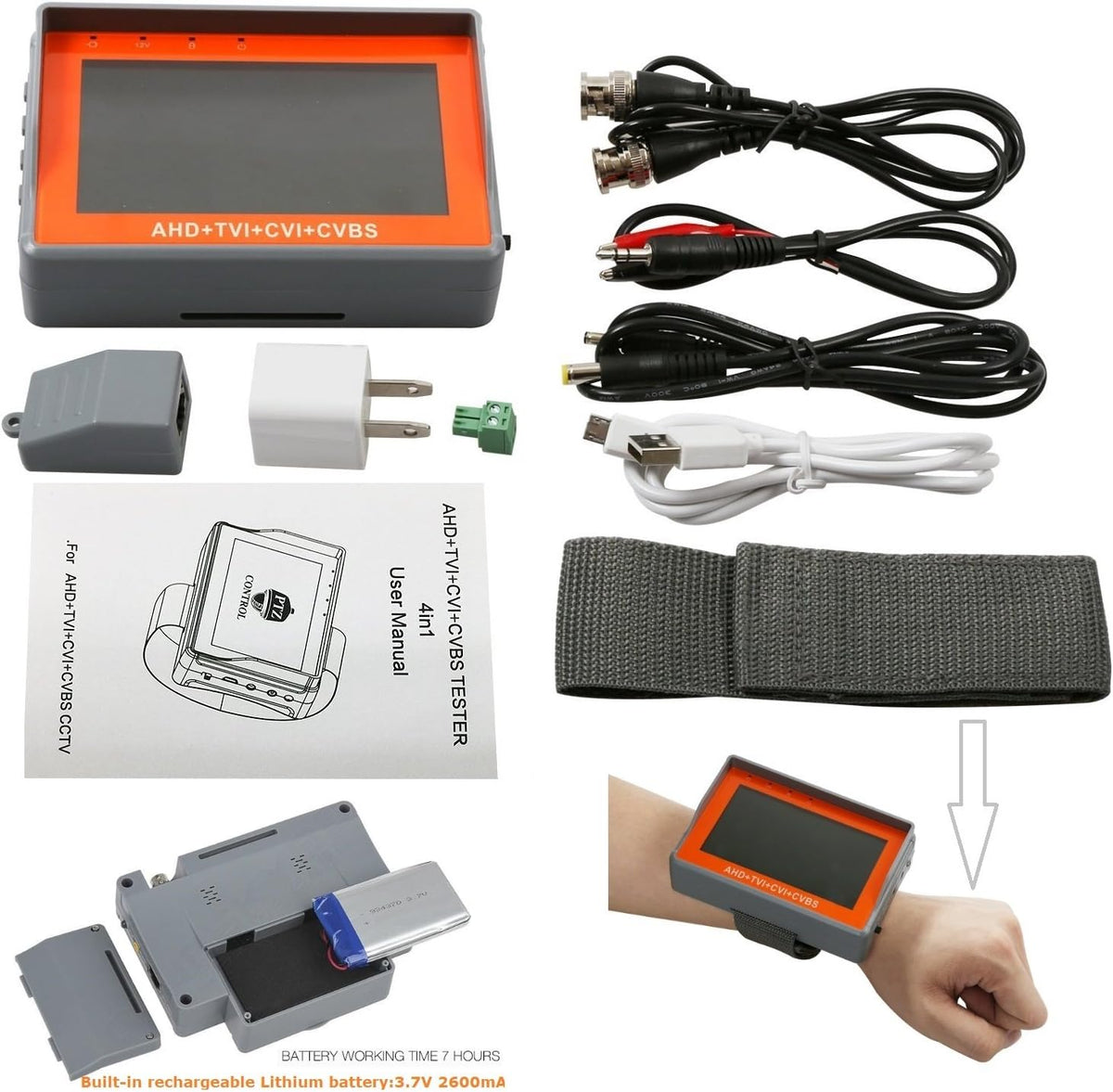4 in 1 CCTV Tester for 1080P/5.0 Megapixel AHD, TVI, CVI, CVBS Security Camera, 4.3 inch LCD Monitor, 12V 1A DC Power Out, PTZ/Audio Tester T7635